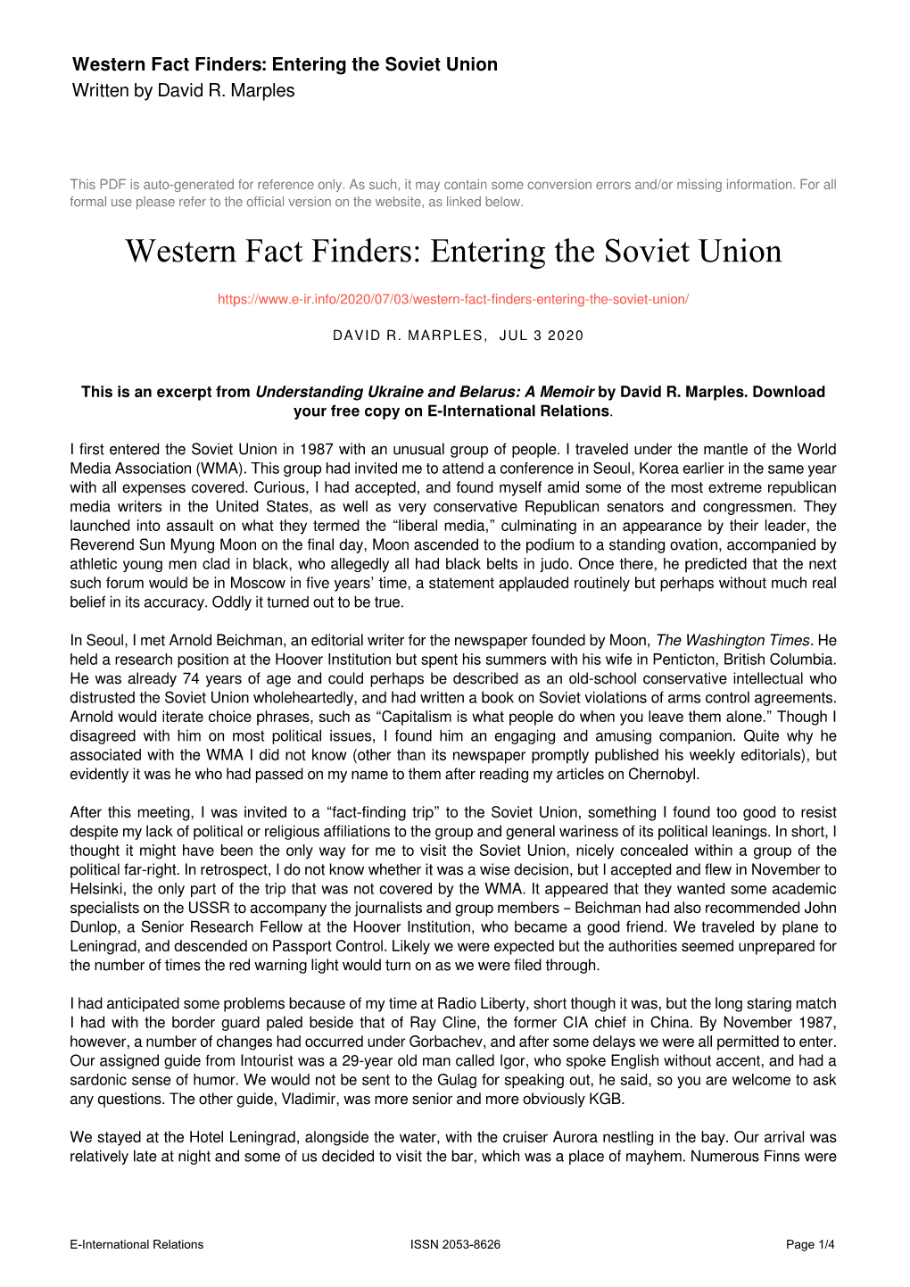 Western Fact Finders: Entering the Soviet Union Written by David R