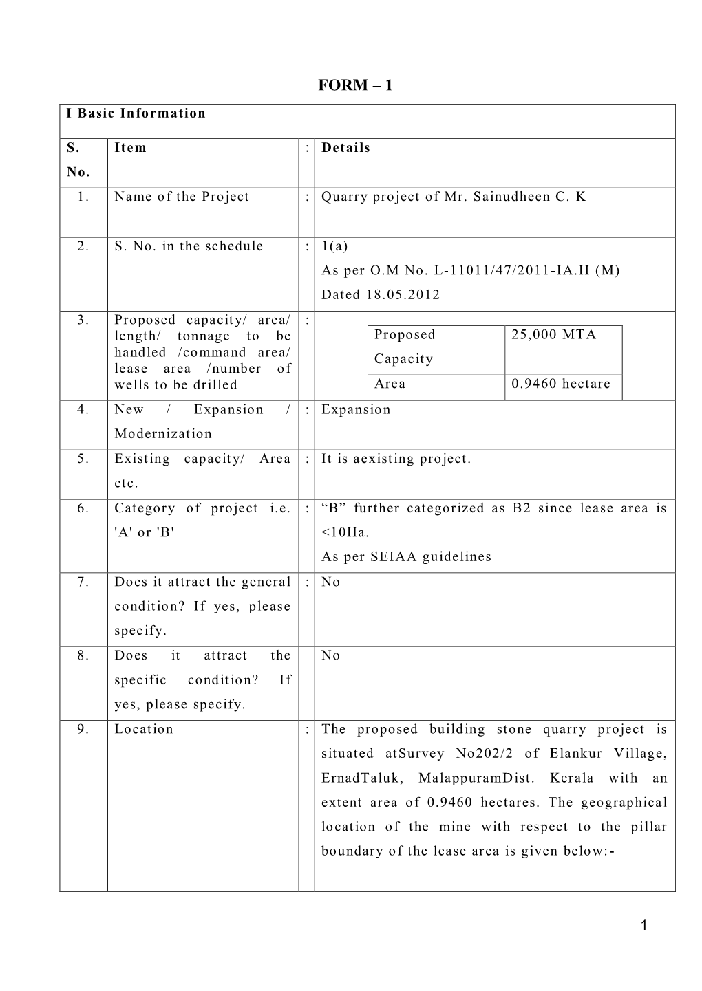 FORM – 1 I Basic Information