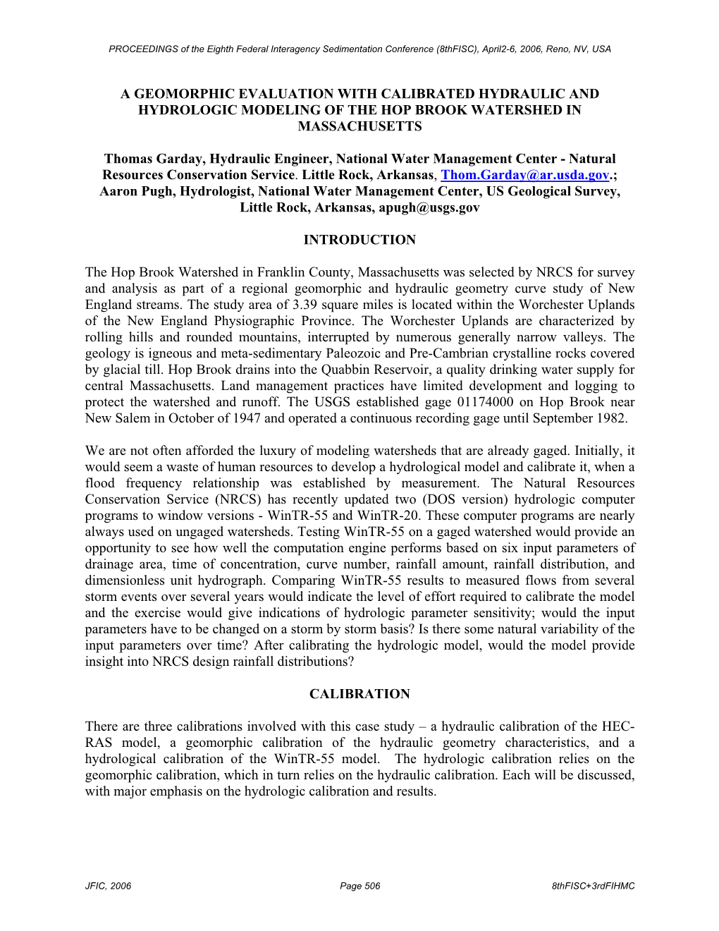 A Geomorphic Evaluation with Calibrated Hydraulic and Hydrologic Modeling of the Hop Brook Watershed in Massachusetts