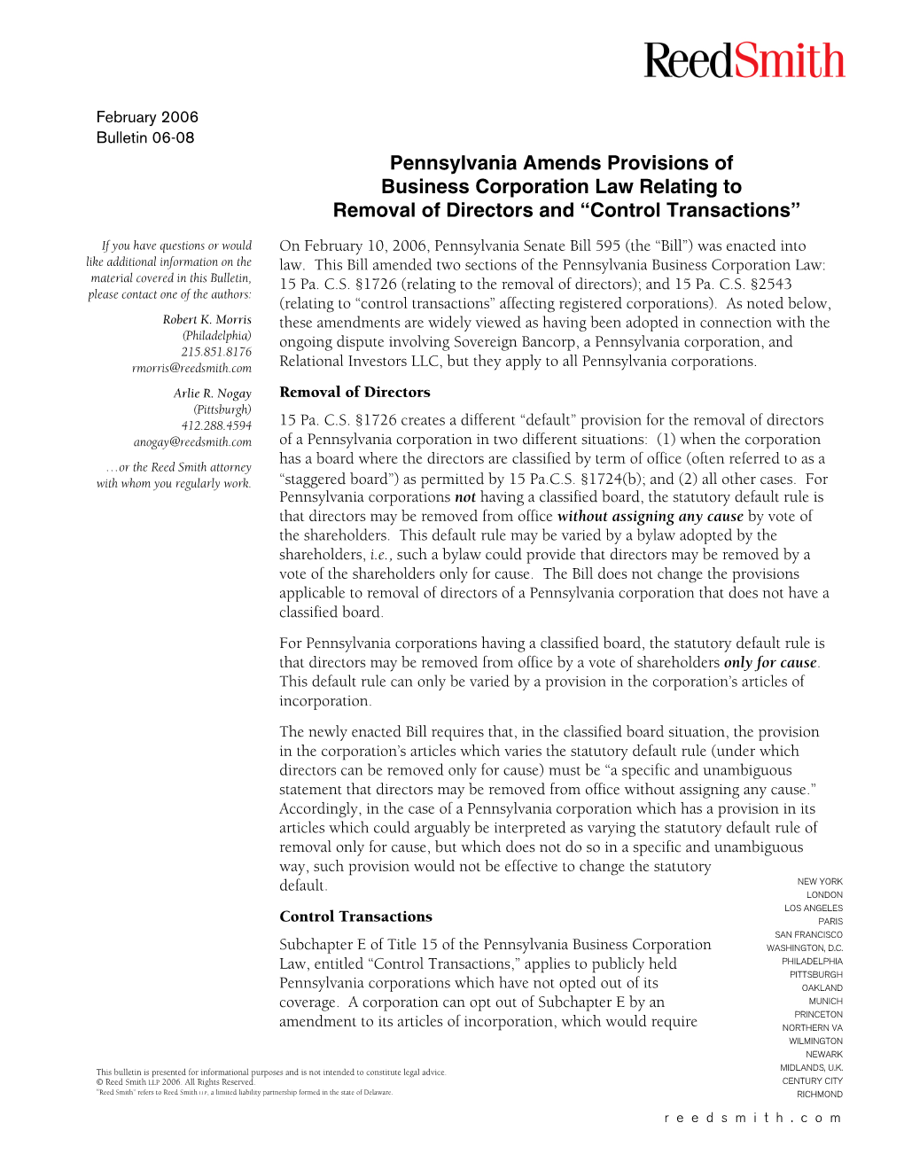 Pennsylvania Amends Provisions of Business Corporation Law Relating to Removal of Directors and “Control Transactions”