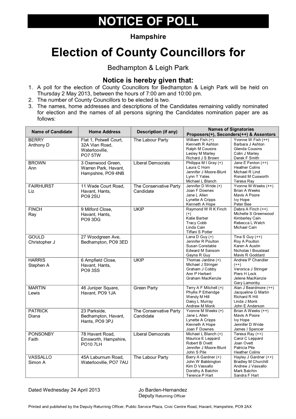 NOTICE of POLL Election of County Councillors