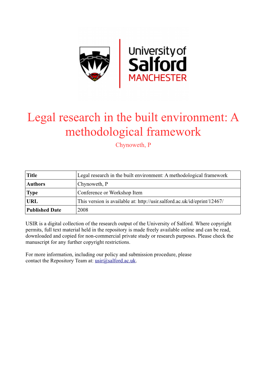 Legal Research in the Built Environment: a Methodological Framework Chynoweth, P