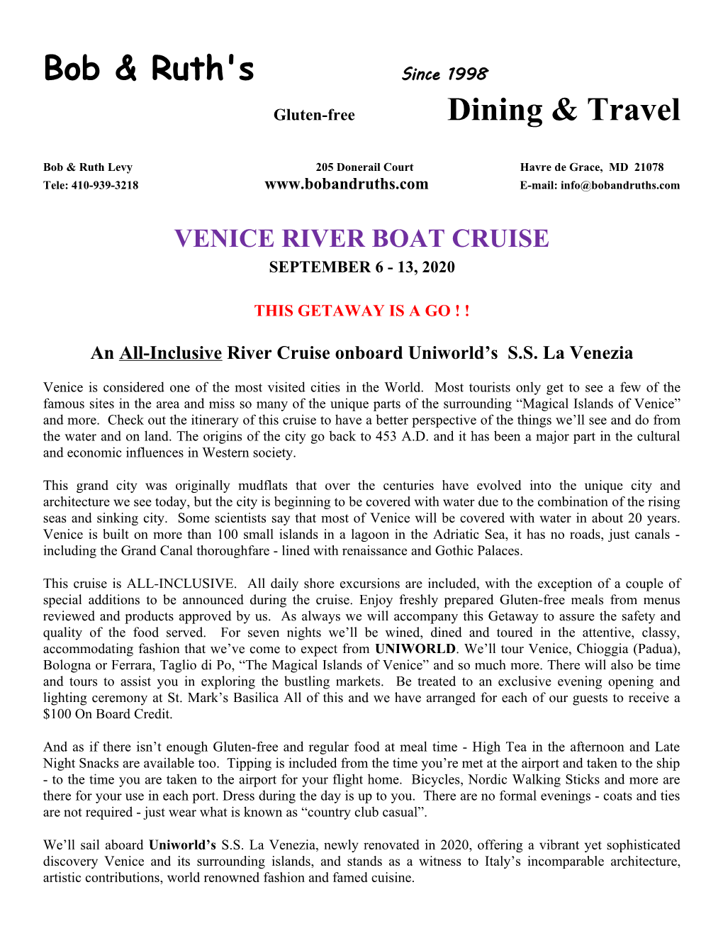 Venice River Boat Cruise September 6 - 13, 2020