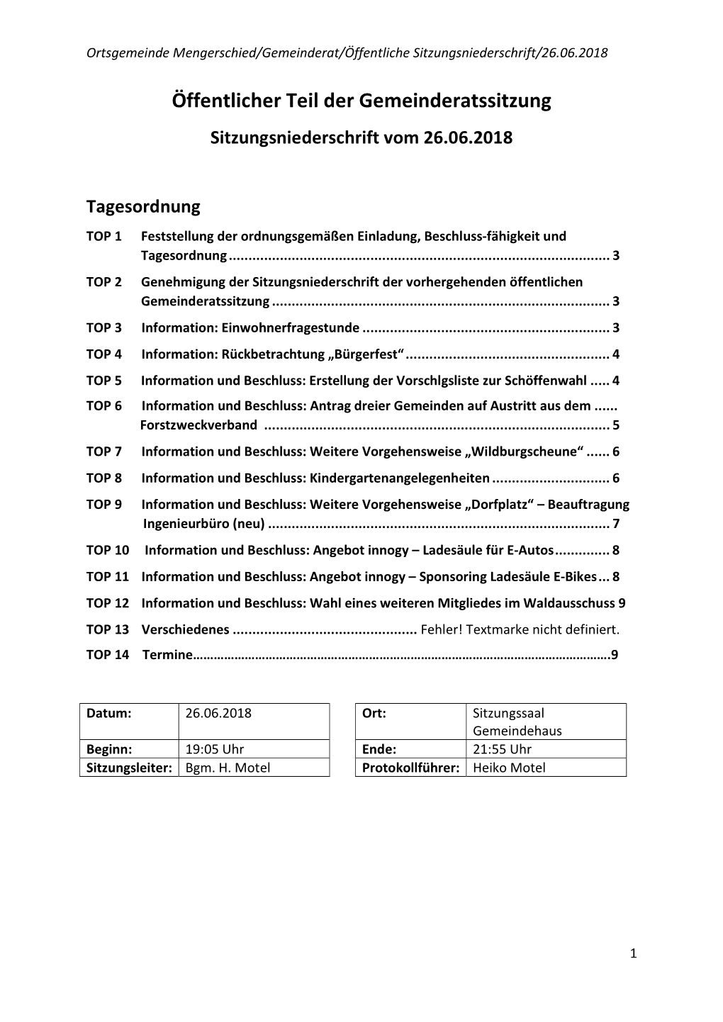 Öffentlicher Teil Der Gemeinderatssitzung Sitzungsniederschrift Vom 26.06.2018