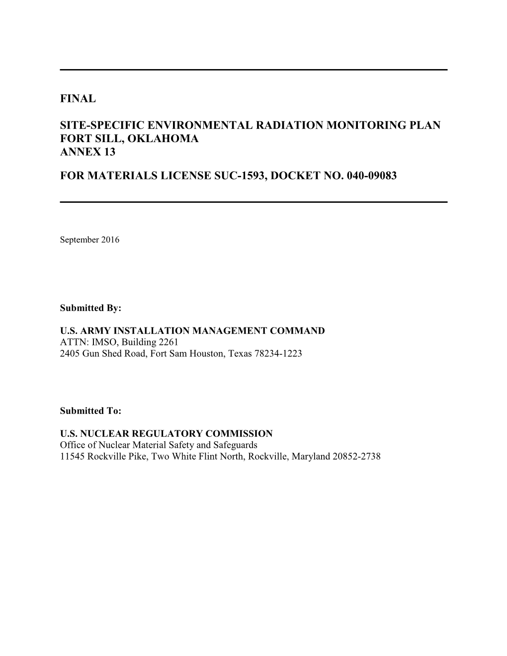 Final Site-Specific Environmental Radiation Monitoring Plan, Fort Sill