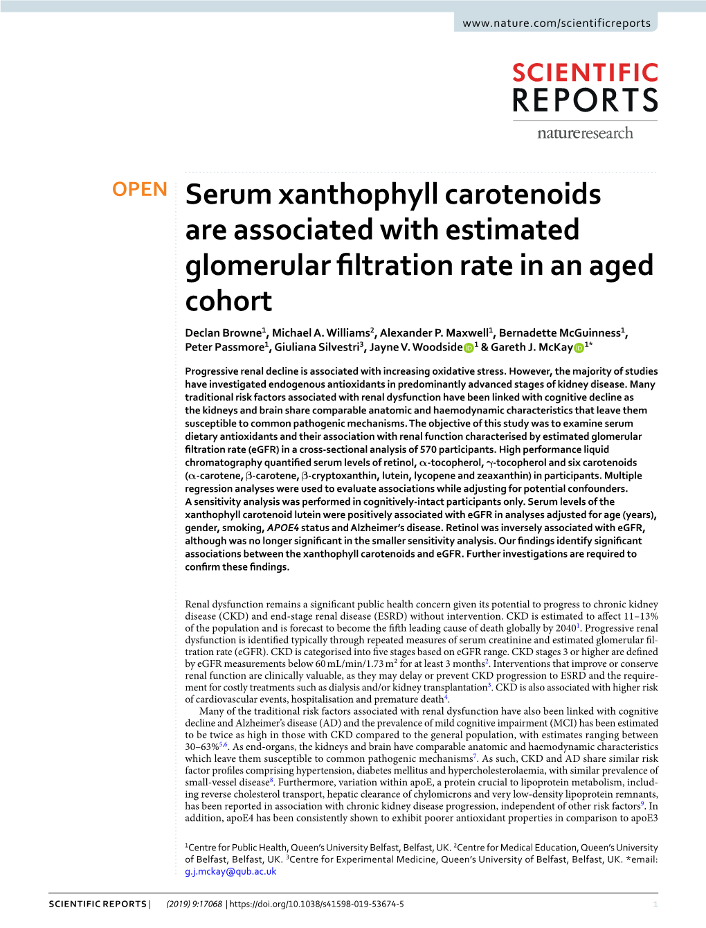 Serum Xanthophyll Carotenoids Are Associated with Estimated Glomerular Filtration Rate in an Aged Cohort