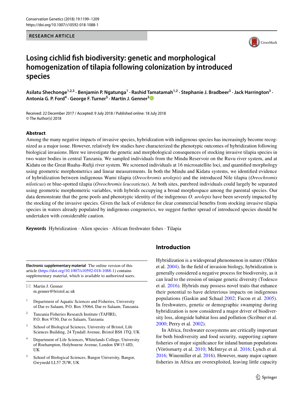 Genetic and Morphological Homogenization of Tilapia Following Colonization by Introduced Species