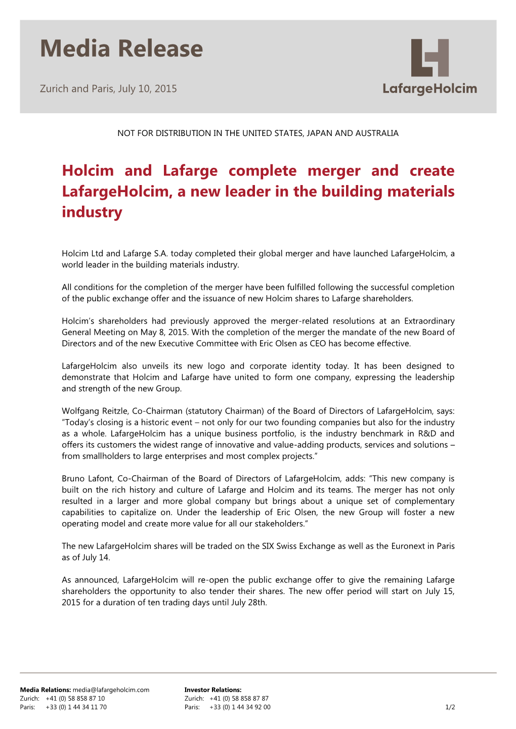 Holcim and Lafarge Complete Merger and Create Lafargeholcim, a New Leader in the Building Materials Industry