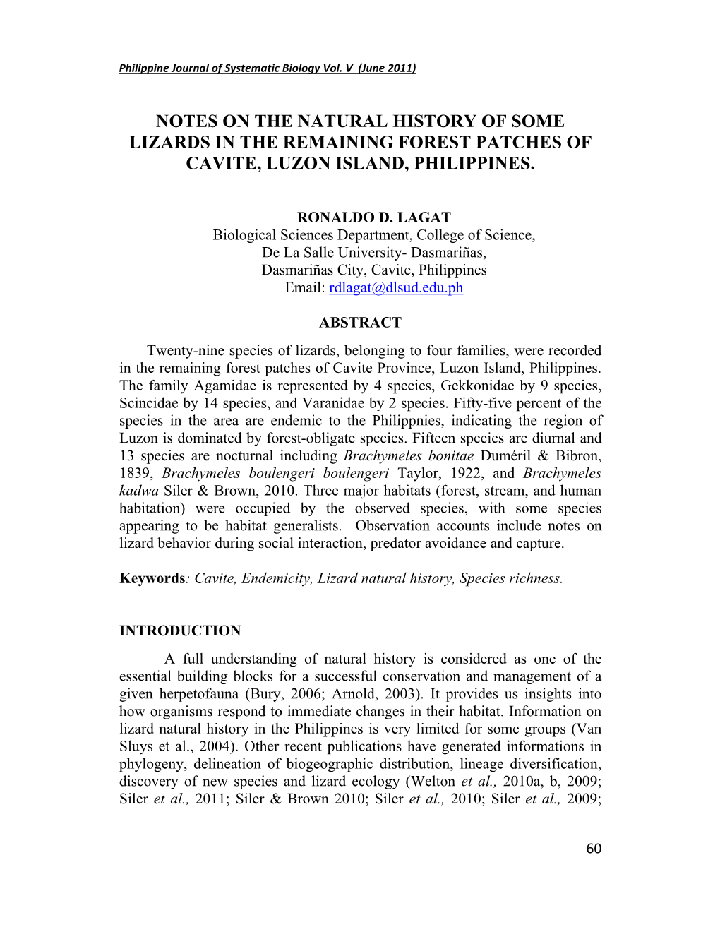 Notes on the Natural History of Some Lizards in the Remaining Forest Patches of Cavite, Luzon Island, Philippines