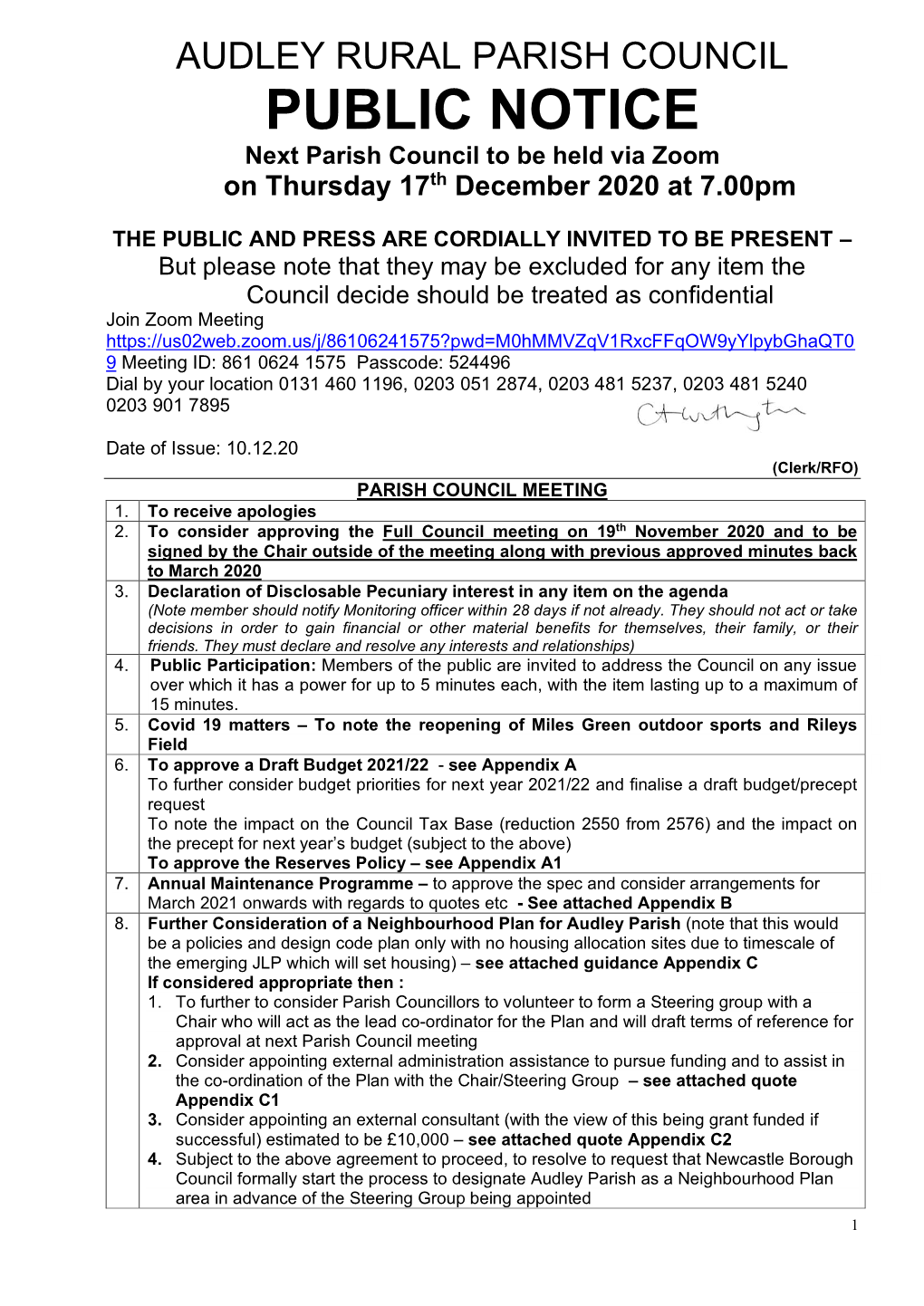 AUDLEY RURAL PARISH COUNCIL PUBLIC NOTICE Next Parish Council to Be Held Via Zoom on Thursday 17Th December 2020 at 7.00Pm