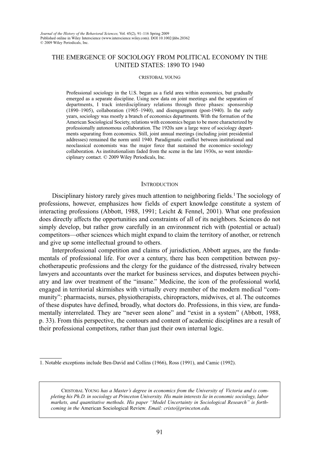 The Emergence of Sociology from Political Economy in the United States: 1890 to 1940