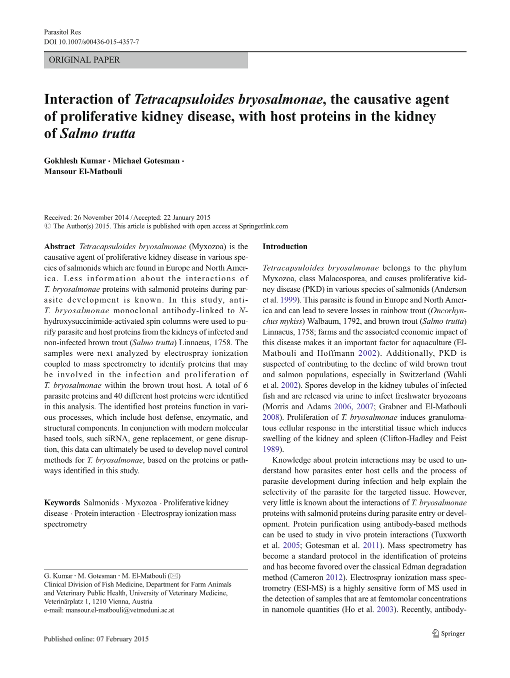 Interaction of Tetracapsuloides Bryosalmonae, the Causative Agent