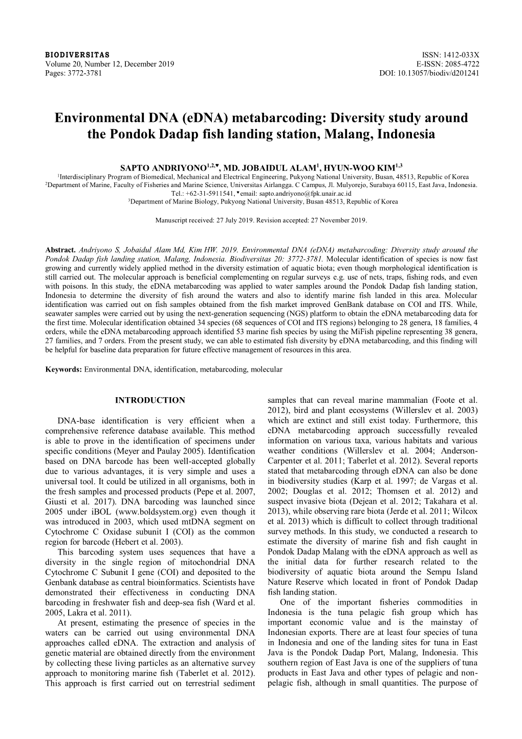 Environmental DNA (Edna) Metabarcoding: Diversity Study Around the Pondok Dadap Fish Landing Station, Malang, Indonesia