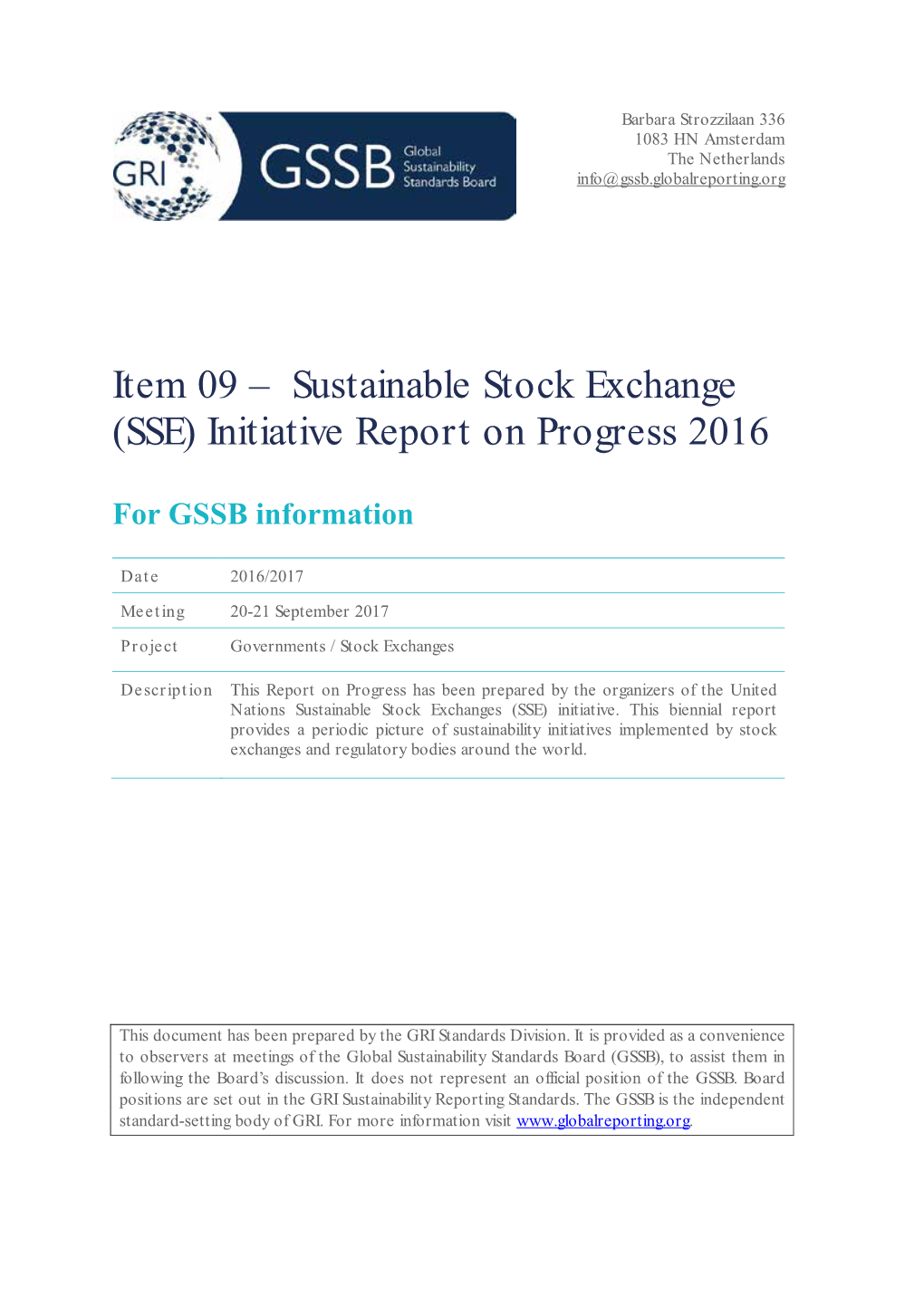 Sustainable Stock Exchange (SSE) Initiative Report on Progress 2016