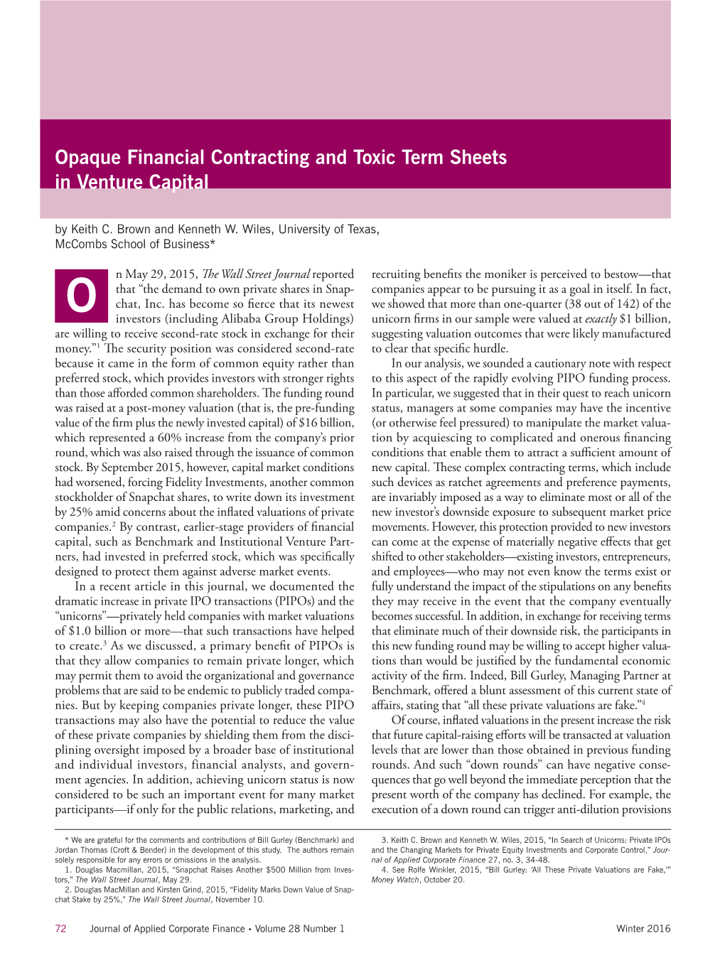 Opaque Financial Contracting and Toxic Term Sheets in Venture Capital by Keith C