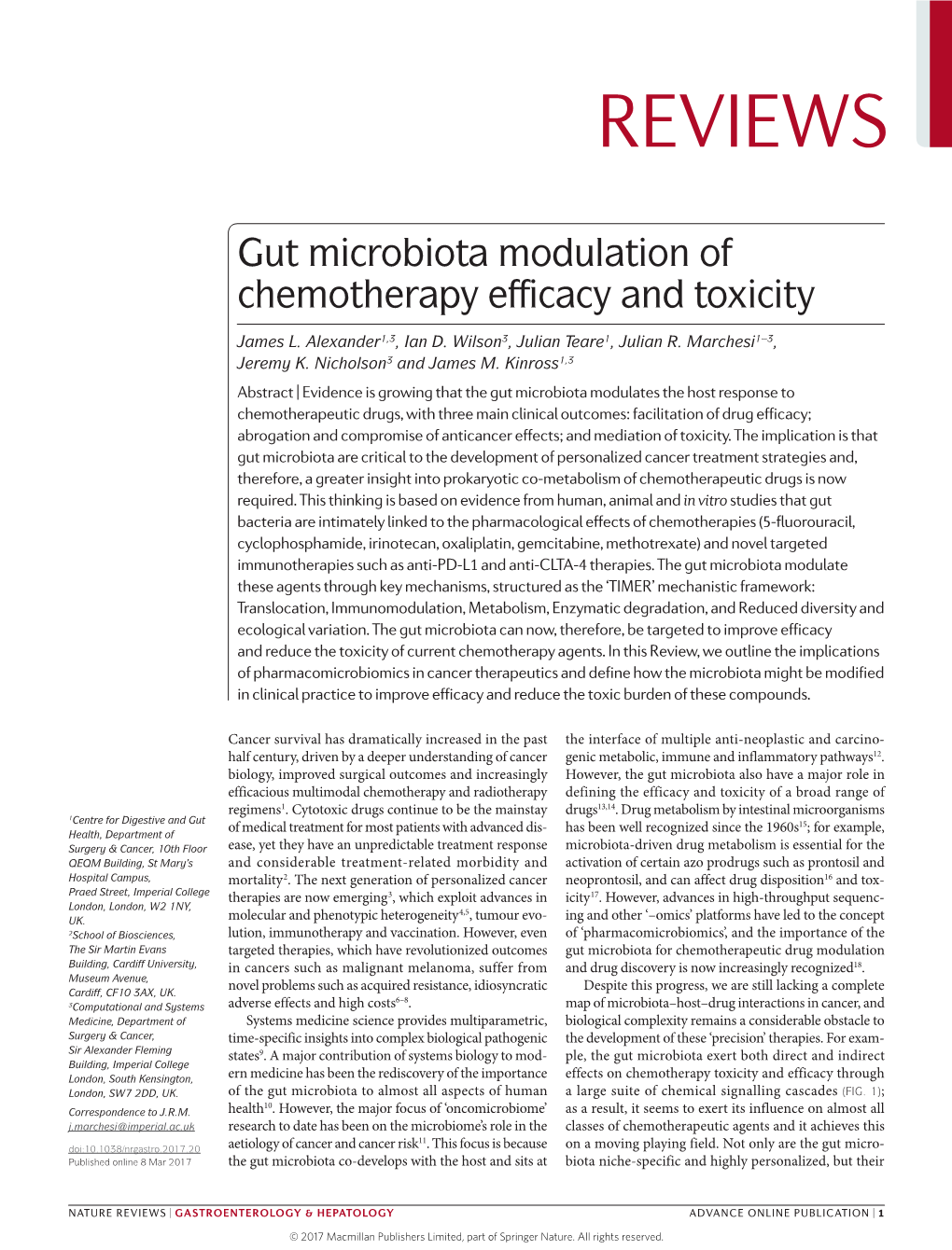 Gut Microbiota Modulation of Chemotherapy Efficacy and Toxicity