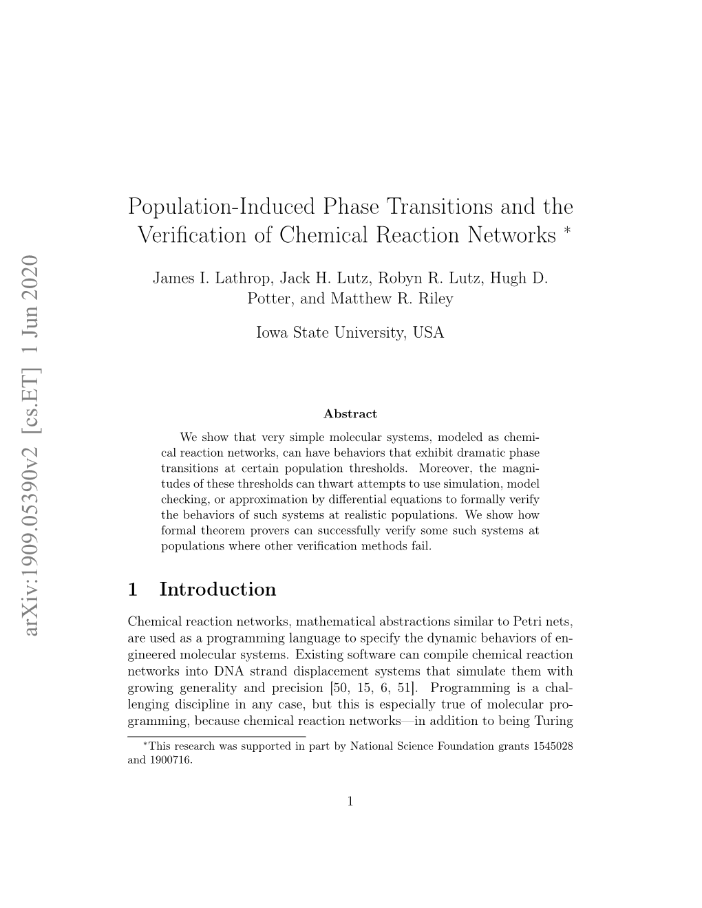 Population-Induced Phase Transitions and the Verification of Chemical Reaction Networks Arxiv:1909.05390V2 [Cs.ET] 1 Jun 2020