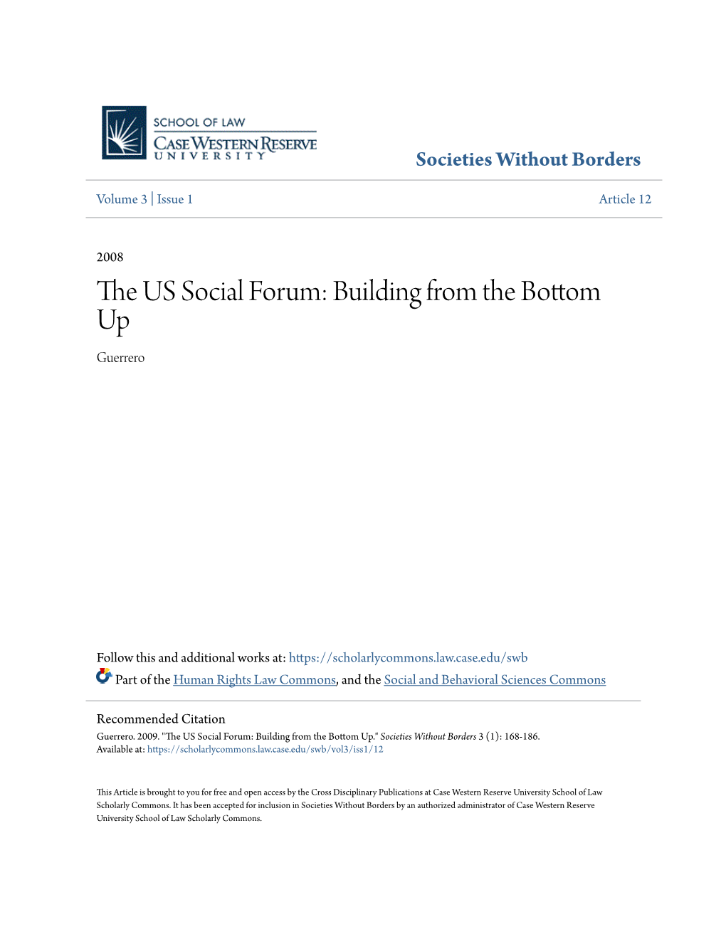 The US Social Forum: Building from the Bottom up S W B Societies Without Borders 3 (2008) 168–186