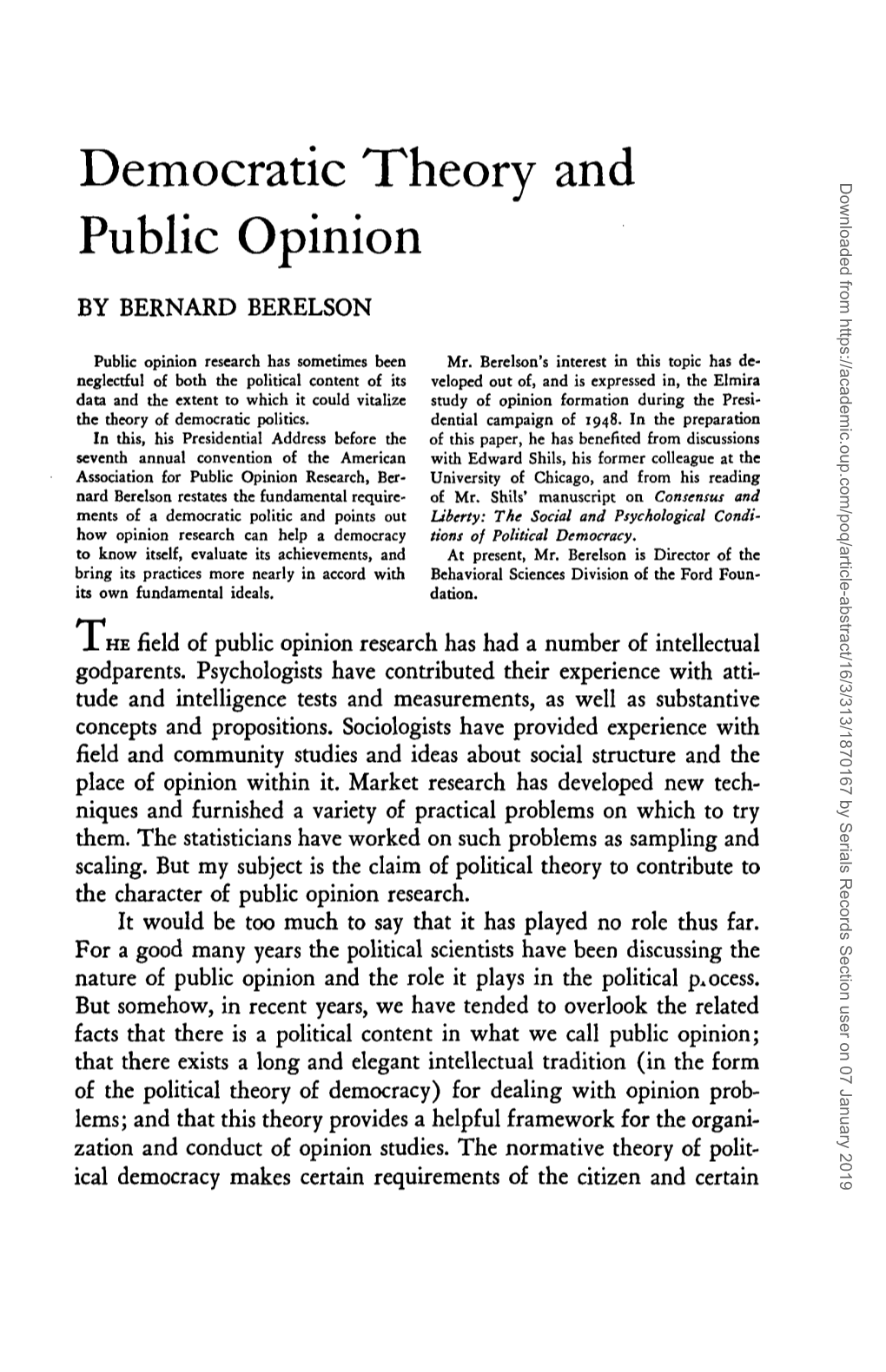 Berelson, Bernard. 1952. “Democratic Theory and Public Opinion.”