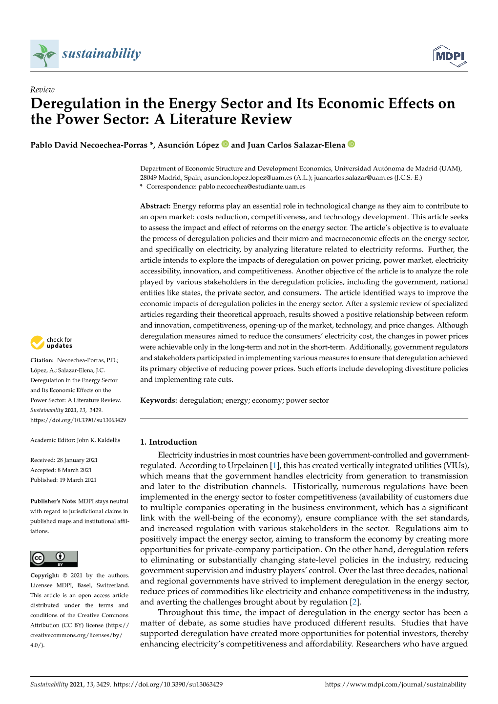 Deregulation in the Energy Sector and Its Economic Effects on the Power Sector: a Literature Review