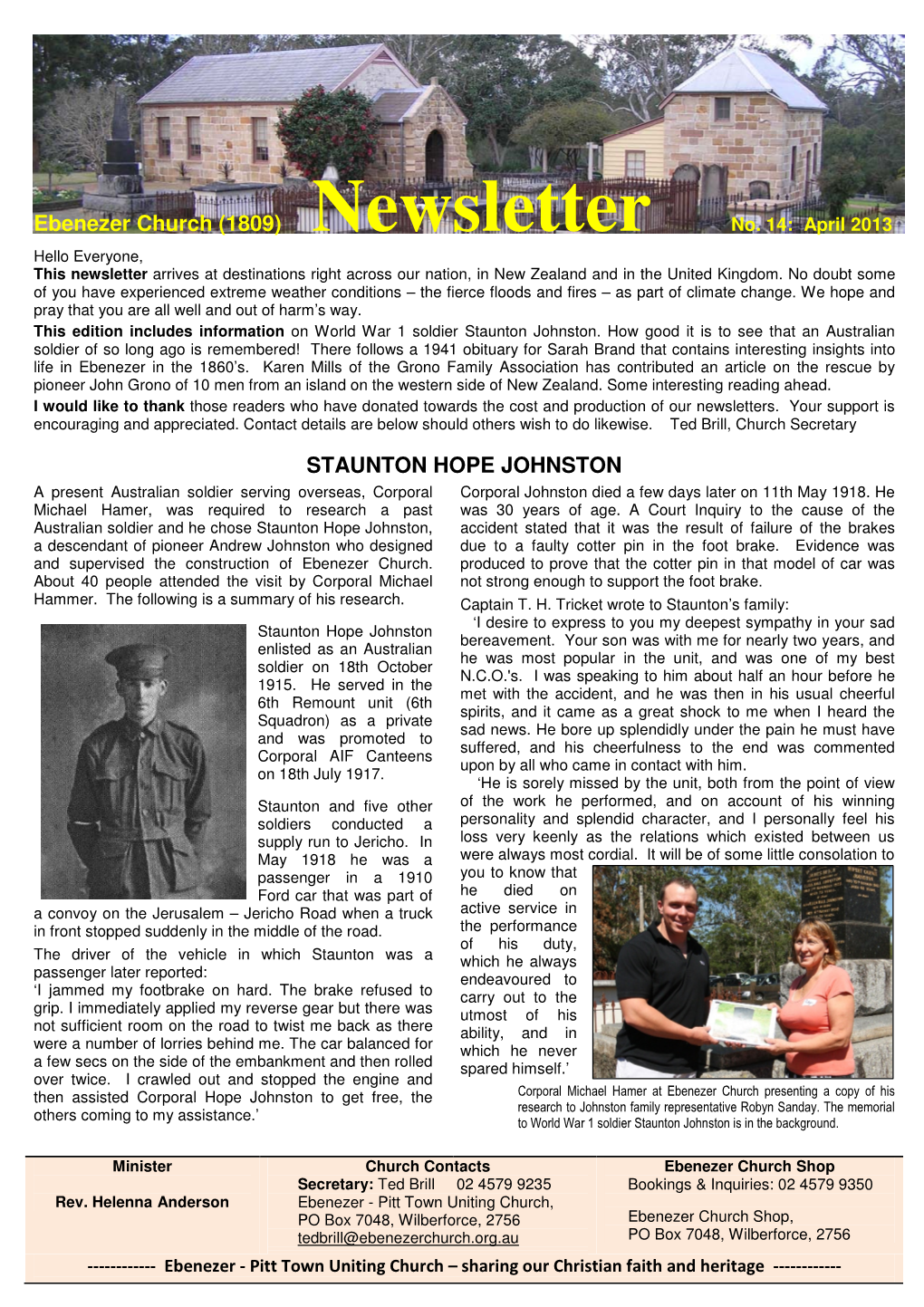 (1809) Newsletter No. 14: April 2013 STAUNTON HOPE JOHNSTON