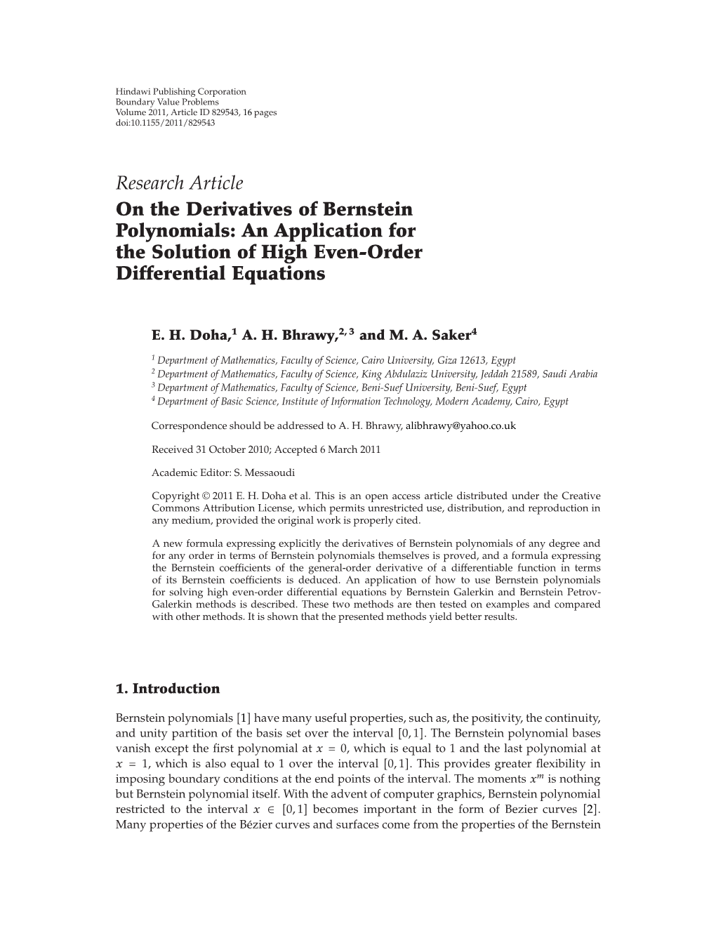 Research Article on the Derivatives of Bernstein Polynomials: an Application for the Solution of High Even-Order Differential Equations