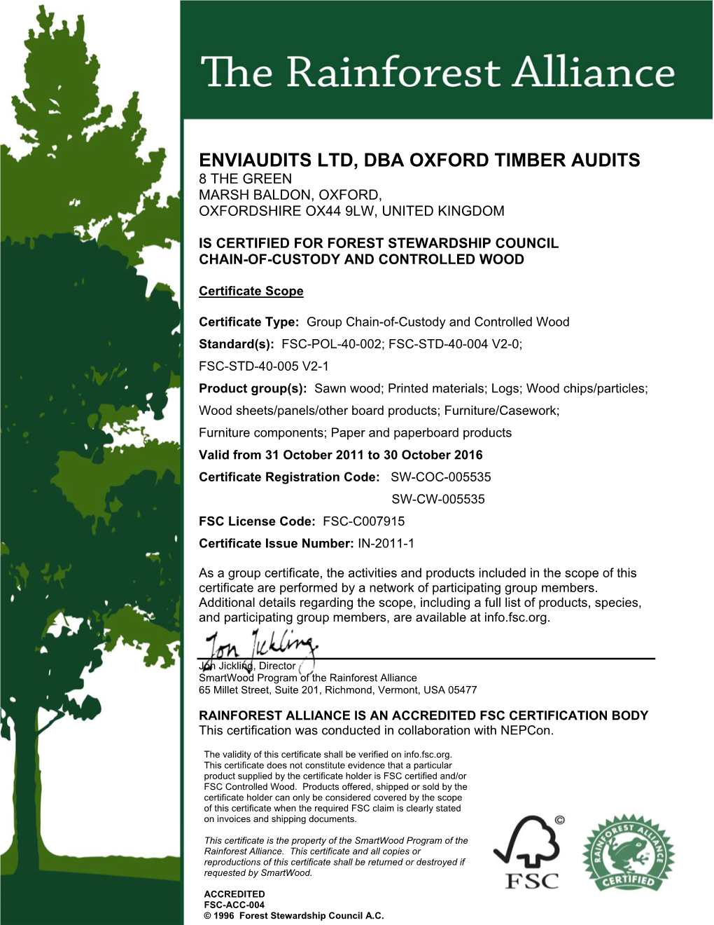 Enviaudits Ltd, Dba Oxford Timber Audits 8 the Green Marsh Baldon, Oxford, Oxfordshire Ox44 9Lw, United Kingdom