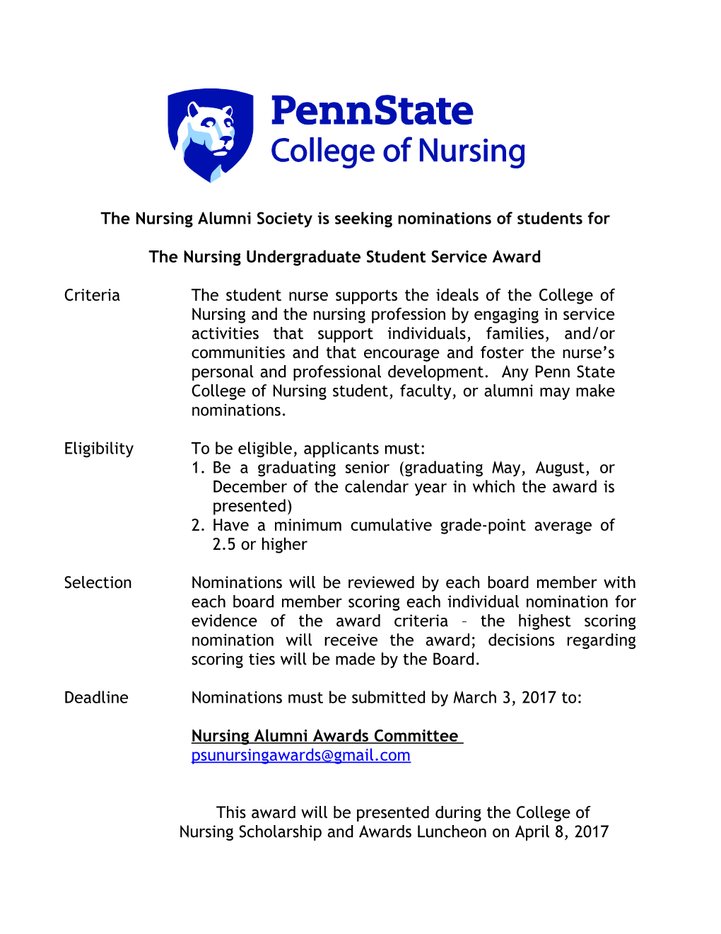 The Nursing Alumni Society Is Seeking Nominations of Students For