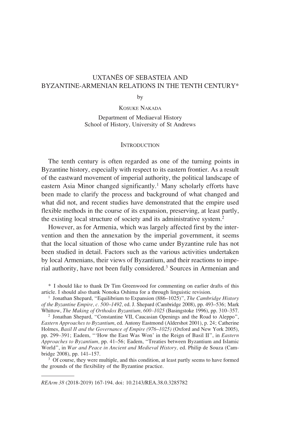 UXTANĒS of SEBASTEIA and BYZANTINE-ARMENIAN RELATIONS in the TENTH CENTURY* By