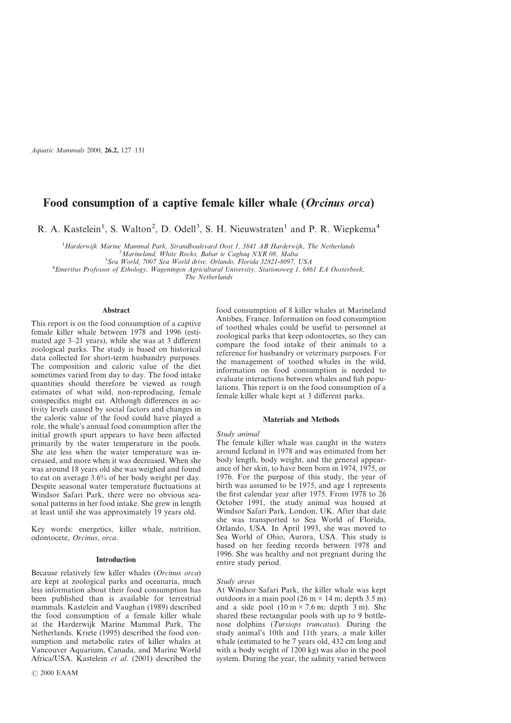 Food Consumption of a Captive Female Killer Whale (Orcinus Orca)