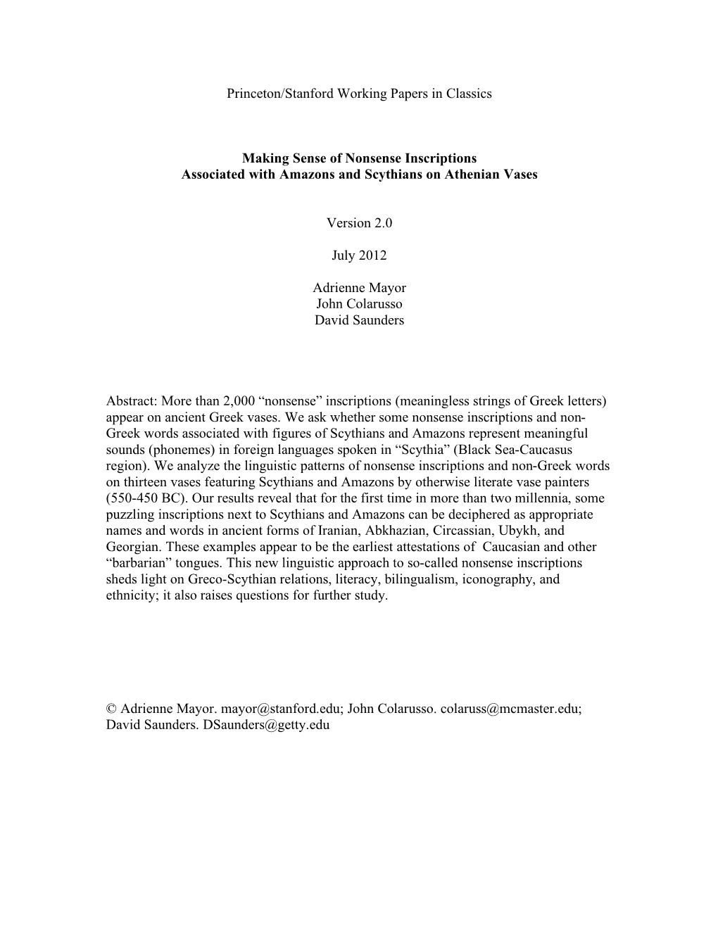 Princeton/Stanford Working Papers in Classics Making Sense of Nonsense Inscriptions Associated with Amazons and Scythians on At