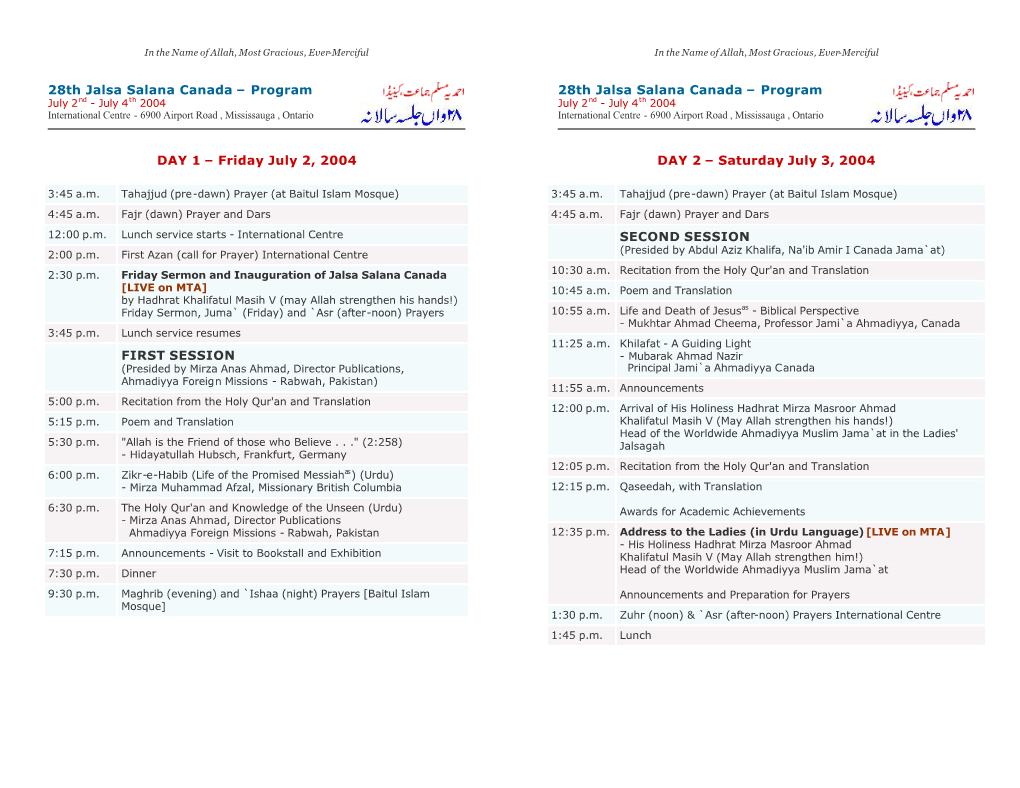 Jalsa Program, Canada 2004