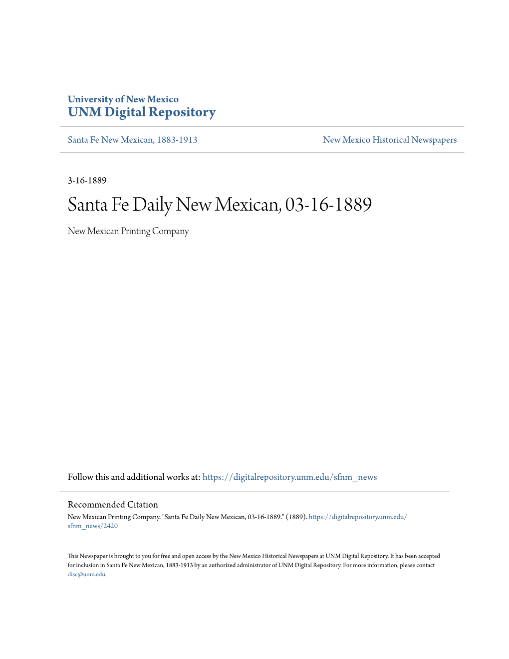 Santa Fe Daily New Mexican, 03-16-1889 New Mexican Printing Company