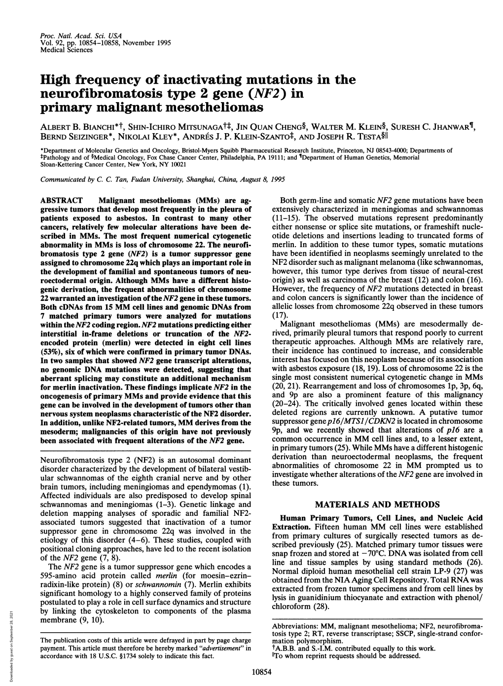 Neurofibromatosis Type 2 Gene (NF2) in Primary Malignant Mesotheliomas ALBERT B