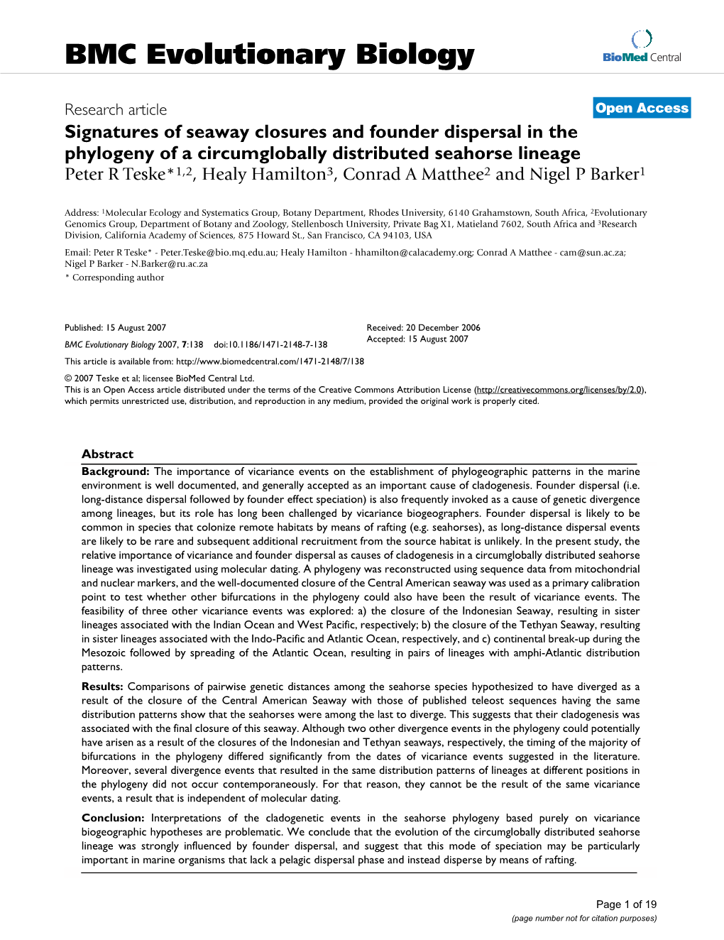 Signatures of Seaway Closures and Founder Dispersal in the Phylogeny