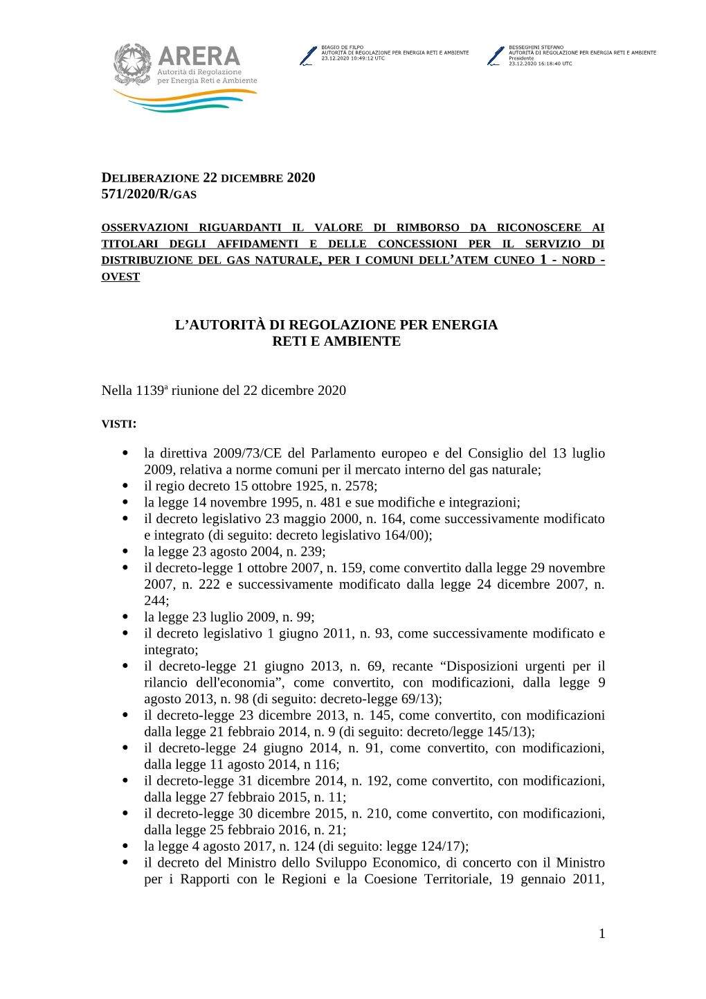 571/2020/R/Gas L'autorità Di Regolazione Per Energia