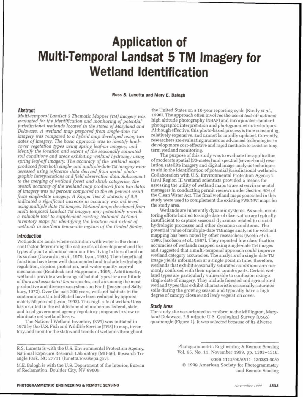 Application of Multi-Temporal Landsat 5 TM Imagery for Wetland Identification
