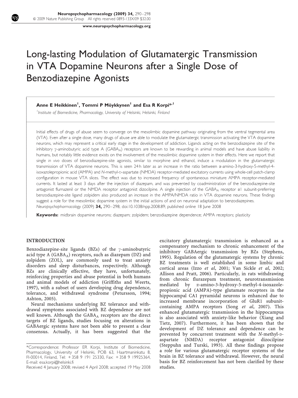 Long-Lasting Modulation of Glutamatergic Transmission in VTA Dopamine Neurons After a Single Dose of Benzodiazepine Agonists