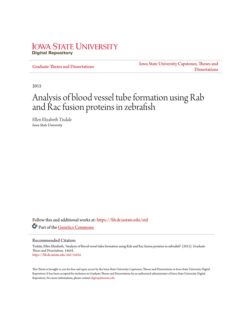 Analysis of Blood Vessel Tube Formation Using Rab and Rac Fusion Proteins in Zebrafish Ellen Elizabeth Tisdale Iowa State University