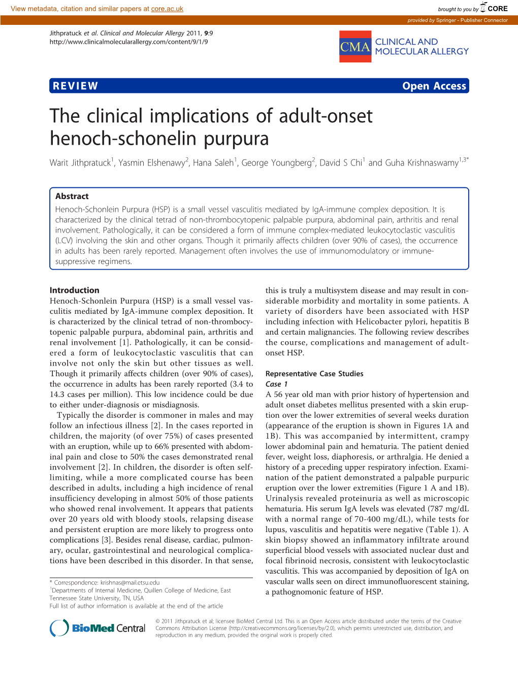 The Clinical Implications of Adult-Onset Henoch-Schonelin