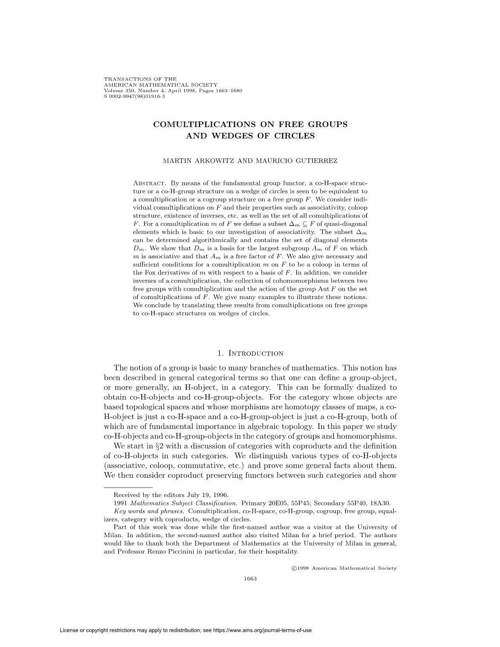 Comultiplications on Free Groups and Wedges of Circles