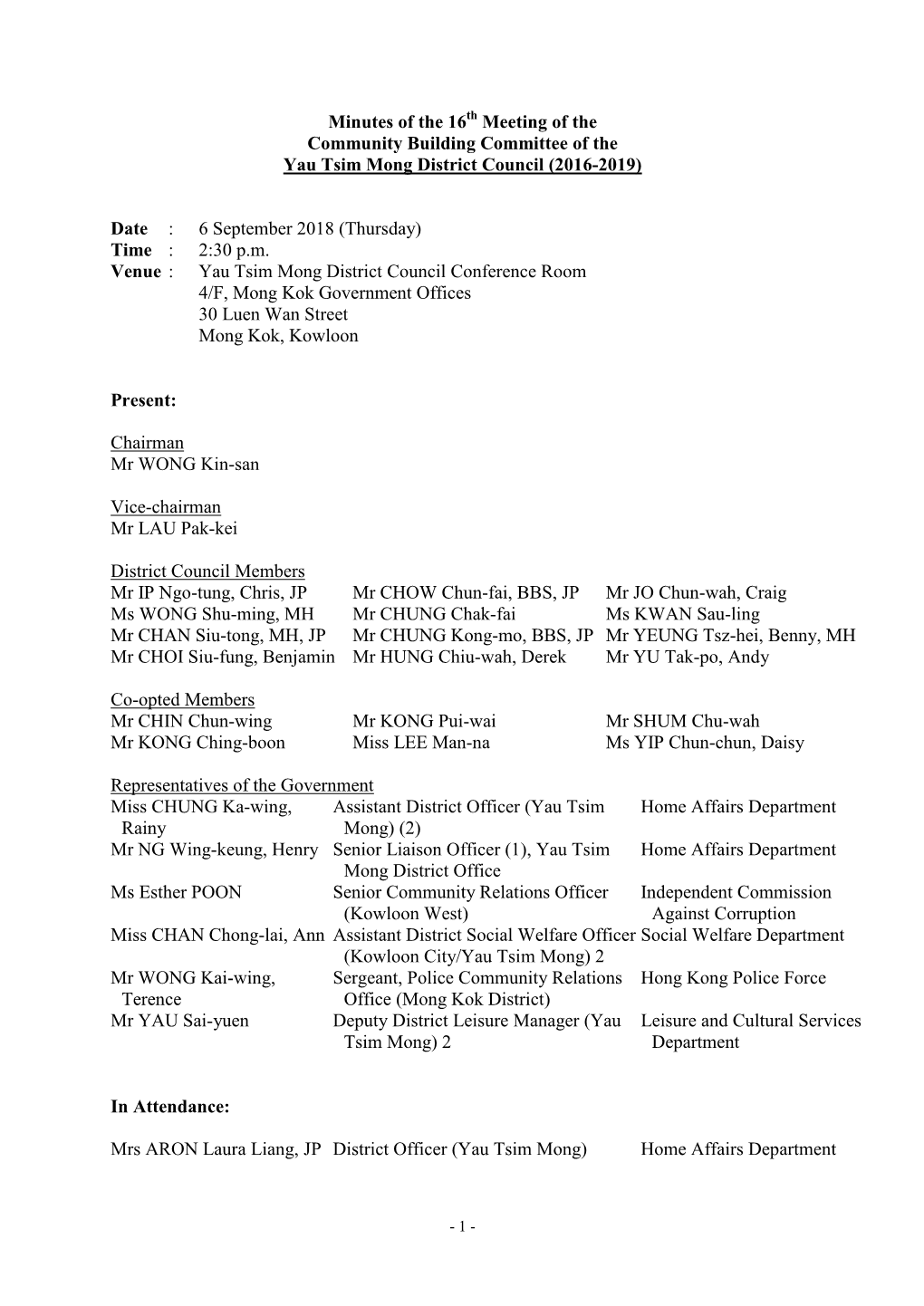 Minutes of the 16Th Meeting of the Community Building Committee of the Yau Tsim Mong District Council (2016-2019)