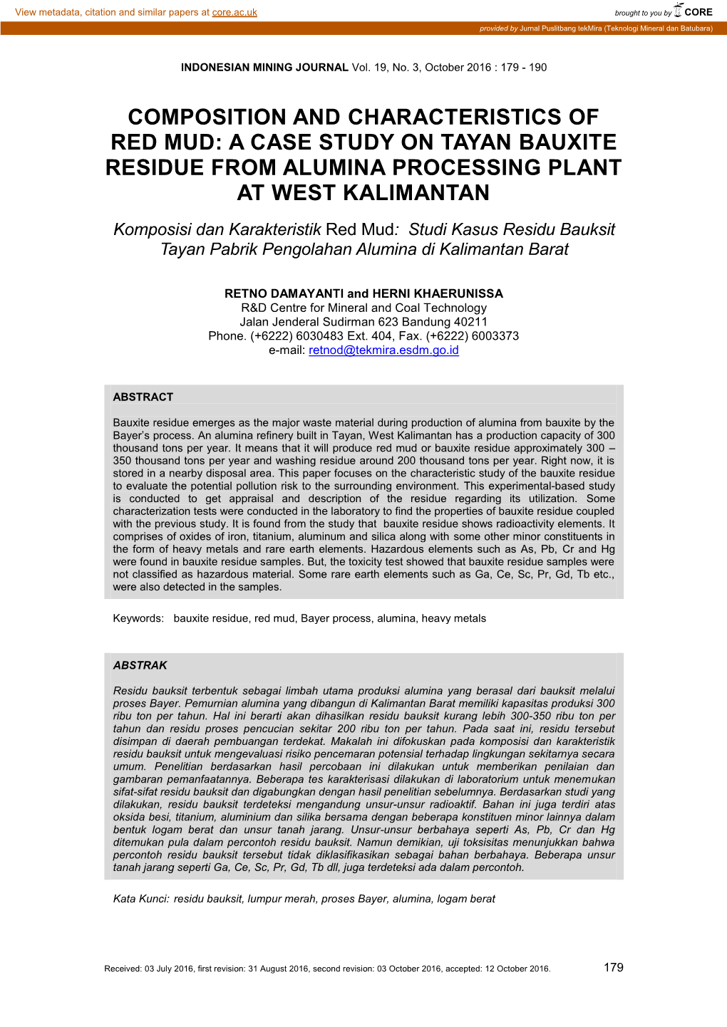 Composition and Characteristics of Red Mud: a Case Study on Tayan Bauxite Residue from Alumina Processing Plant at West Kalimantan