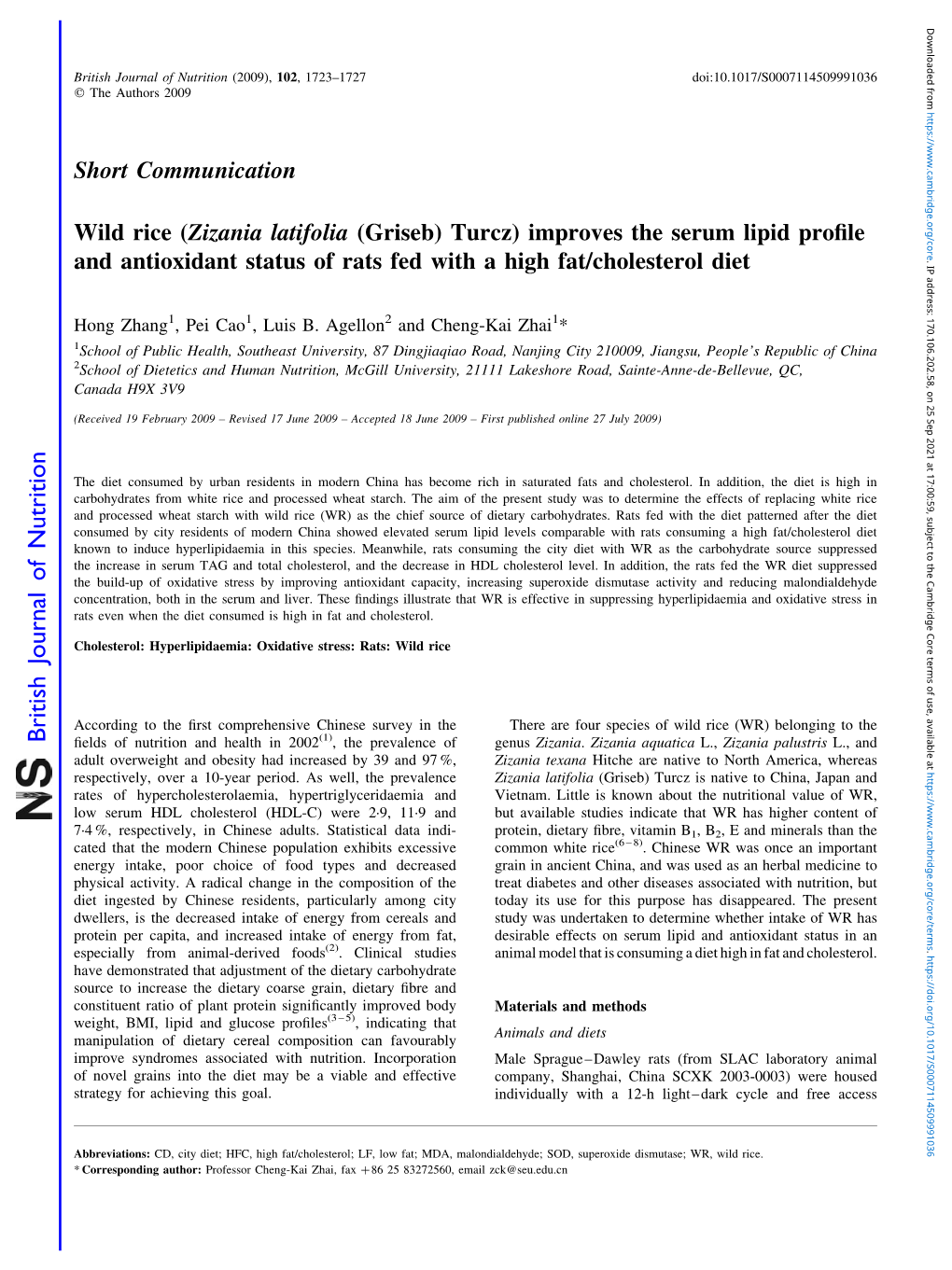 Wild Rice ( Zizania Latifolia (Griseb) Turcz) Improves the Serum Lipid