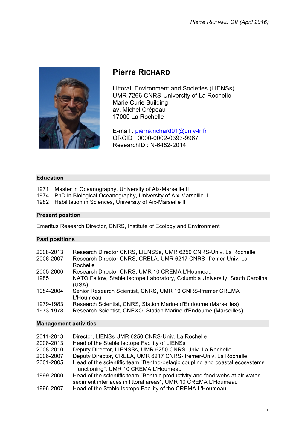 Pierre RICHARD CV (April 2016)