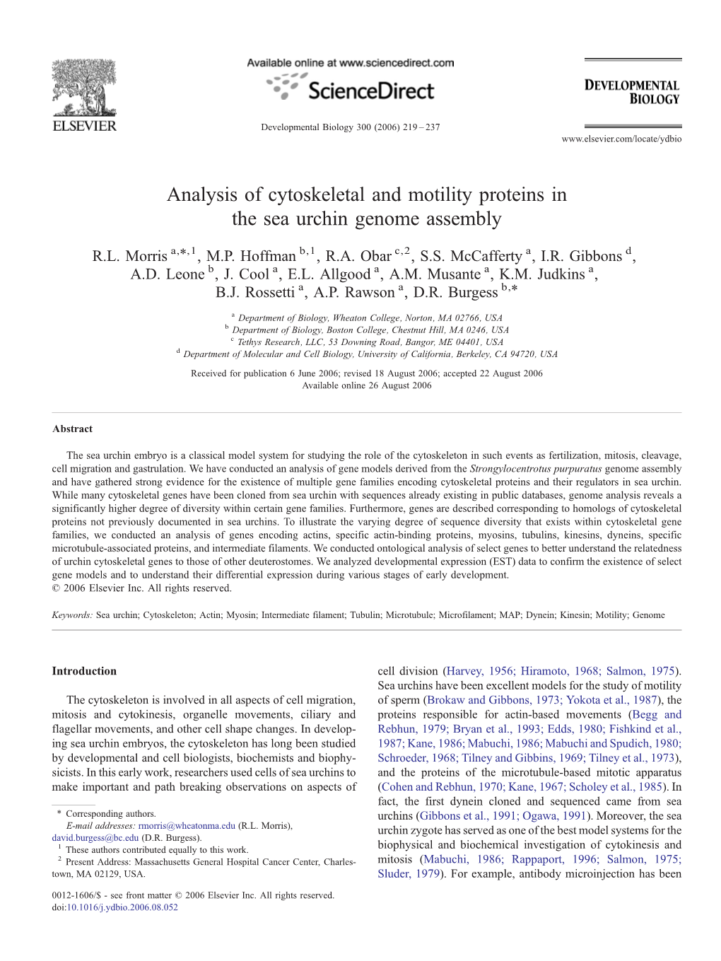 Analysis of Cytoskeletal and Motility Proteins in the Sea Urchin Genome Assembly ⁎ R.L