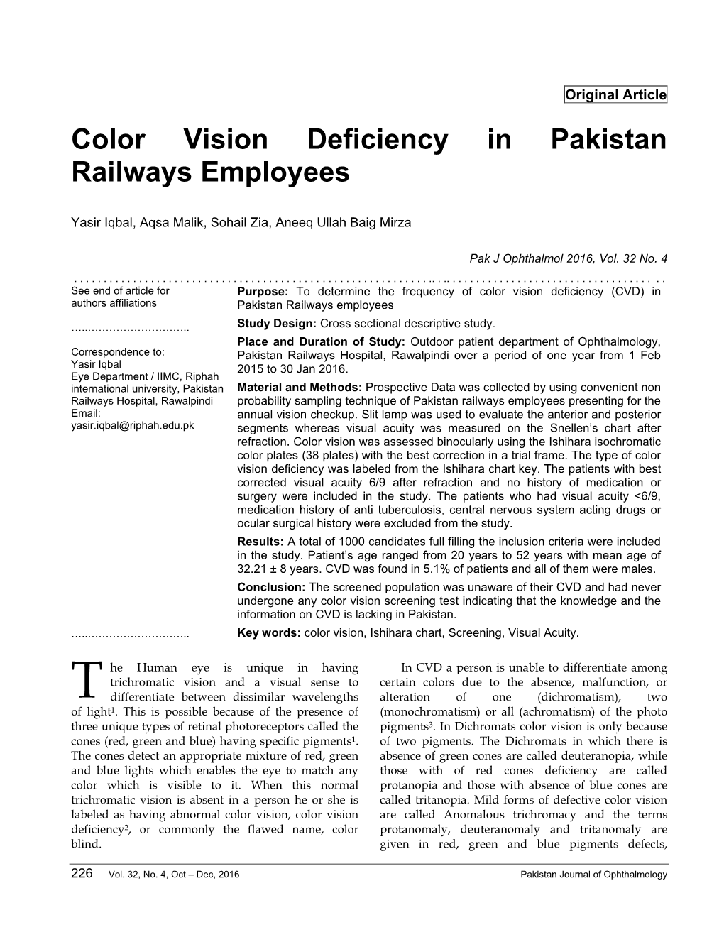 Color Vision Deficiency in Pakistan Railways Employees