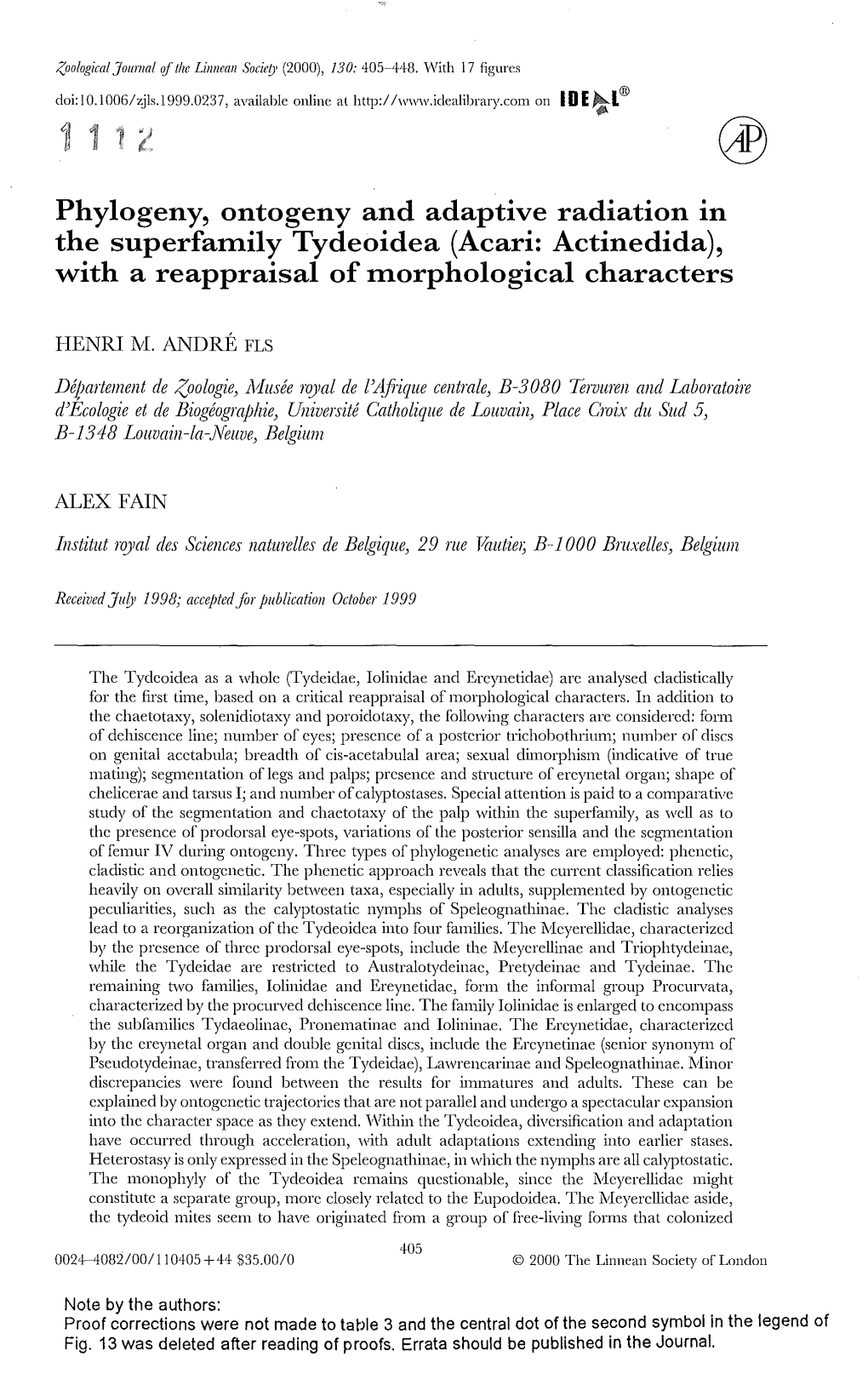 Acari: Actinedida), with a Reappraisal of Tnorphological Characters