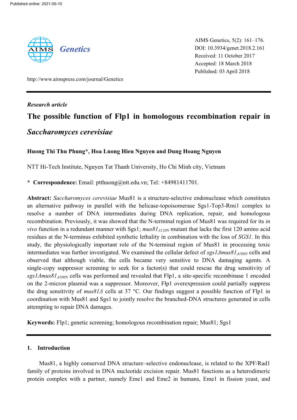 The Possible Function of Flp1 in Homologous Recombination Repair in Saccharomyces Cerevisiae