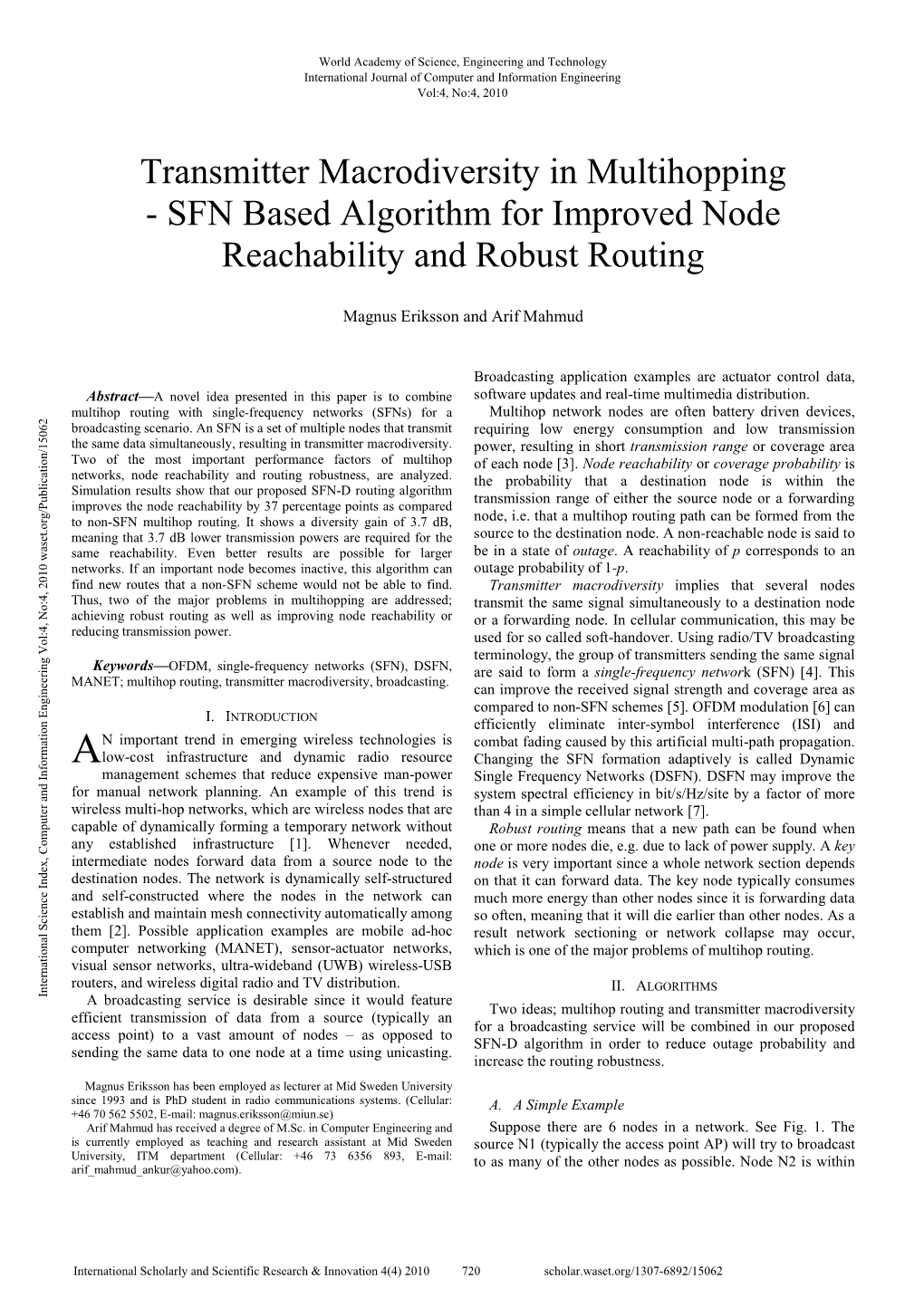 Transmitter Macrodiversity in Multihopping - SFN Based Algorithm for Improved Node Reachability and Robust Routing